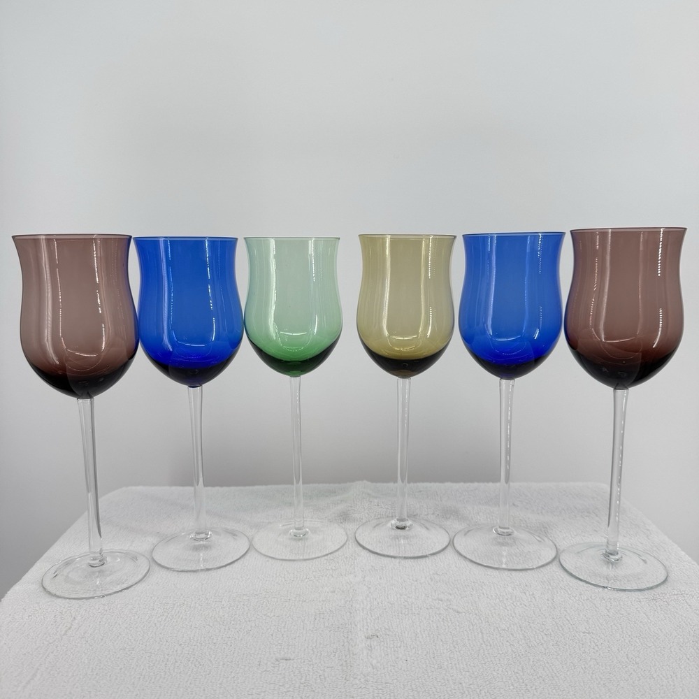 Vintage MCM Lenox Tulip Crystal Wine Glasses Multi-Colored Clear Stem‎ Set Of 6